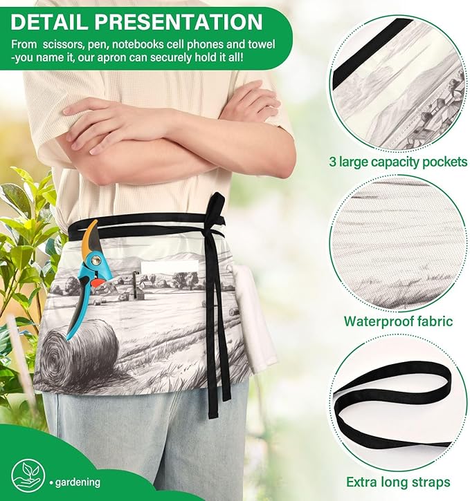 Server Apron with 3 Pockets, Nostalgic Farm Pattern 12 Inch Waist Apron for Waiters Gardeners, Waterproof Half Apron Waitress Apron