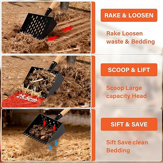 Chicken Poop Scooper for Sand, Extra Large Chicken Coop Scoop with 47" Handle & Assist Tool, 1.6mm Thick Heavy Duty Chicken Scooper for Poop, 2-in-1 Sifting Rake for Effortless Cleaning
