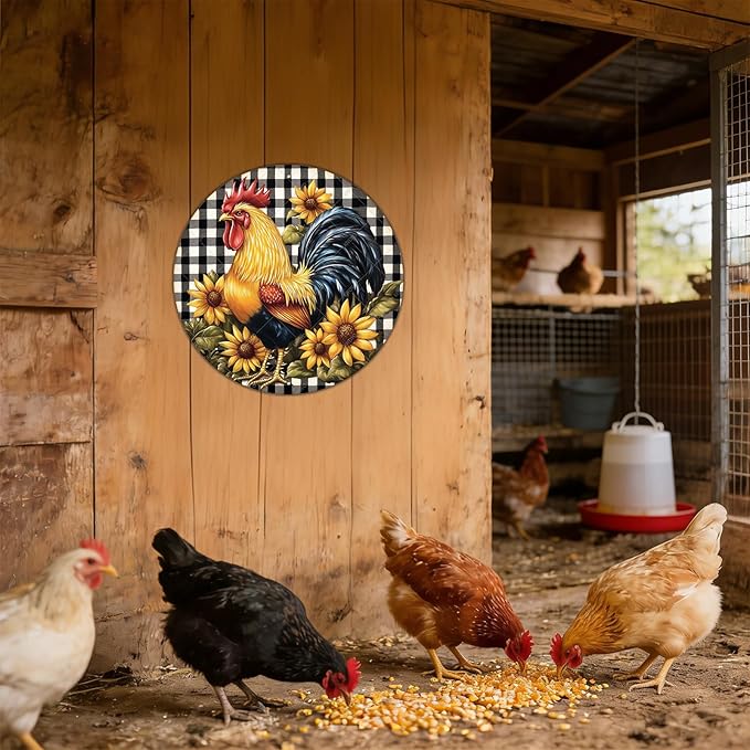 Round Chicken Sign Metal Tin Sign Rustic Plaque Rooster Chicken Farm Wall Art Suitable for Home Garden Kitchen Bar Cafe Restaurant Garage Wall Decor Retro Vintage 12 Inch