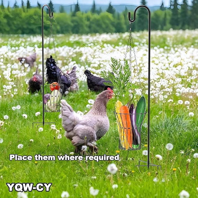 Hanging Chicken Feeder with Shepherd's Hook, Foldable Chicken Vegetable Fruits Feeder, Poultry Feeding Holder Basket with Hanging Chain for Chicken Coop Accessory