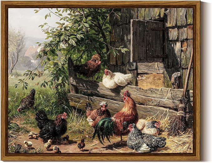 InSimSea Framed Canvas Wall Art - Funny Running Chicken & Chicken Coop - Rustic Farmhouse Painting - Country Wall Prints - Bedroom & Living Room - 8x10in