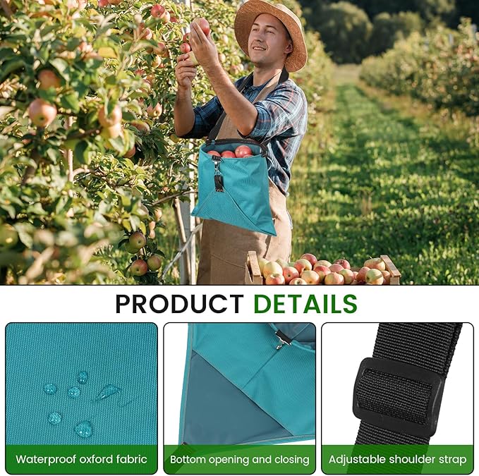 Large Fruit Picking Bag, Waterproof 600D Oxford Cloth Fruit Storage Harvest with Quick Discharge Bottom, Heavy Duty Garden Apron Pouch for Outdoor Orchard, Farm, Garden, Vegetable, Fruits
