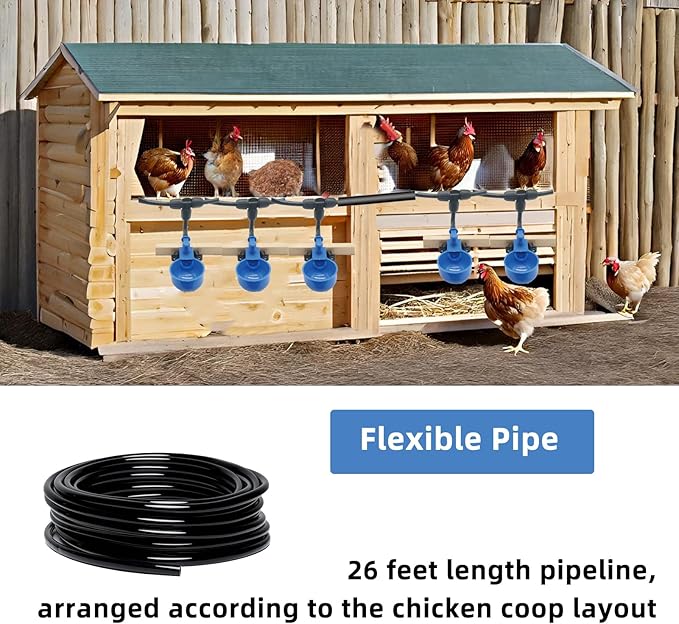 Automatic Chicken Waterer – Float Controlled 6 pcs Chicken Water Cups with Hose Fitting, No-Spill Chickens Watering System,Quick-Connect Poultry Water Dispenser.