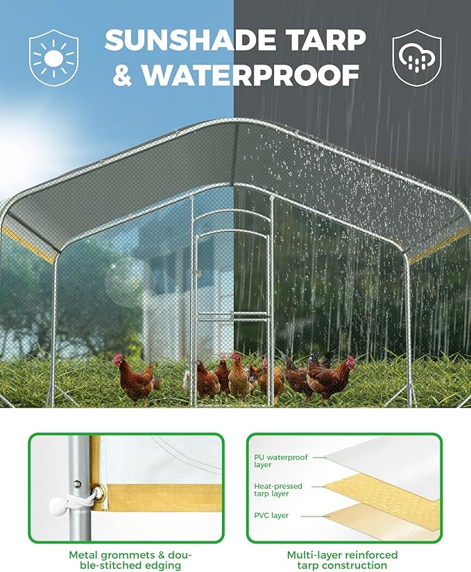 Large Metal Chicken Coop with Run, Walk-in Chicken Run for Yard with Waterproof & Anti-UV Cover, Spire Roof Outdoor Poultry Cage for Chickens Ducks Rabbits Backyard Farm