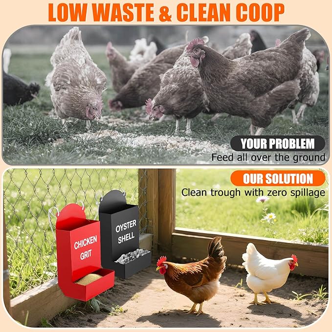 2PCS Heavy Duty Chicken Grit Oyster Shell Feeder - No Waste & No Mess, 6'' x 10'' Rust-Proof Metal Automatic Poultry Feeder, Gravity-Fed Hanging Feeder for Coop, Ducks, Pigeons, Dove