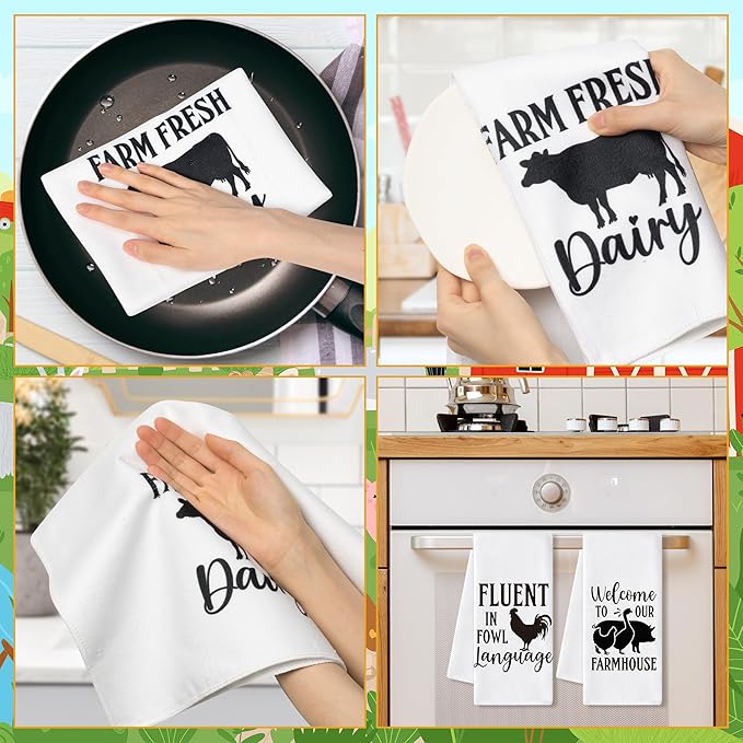 GROBRO7 Farm Animals Hand Towel - 6Pcs Sweet Farm Chicken Cow Pig Pattern Rustic Kitchen Dishcloths Set Polyester Soft Towels for Farmhouse Home Bathroom Dining Decor Housewarming Gifts