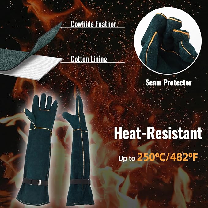 Animal Handling Gloves - 23.6 inch Bite Proof Gloves, Anti Scratch Cowhide Leather for Cat Grooming, Snake Animal Handling