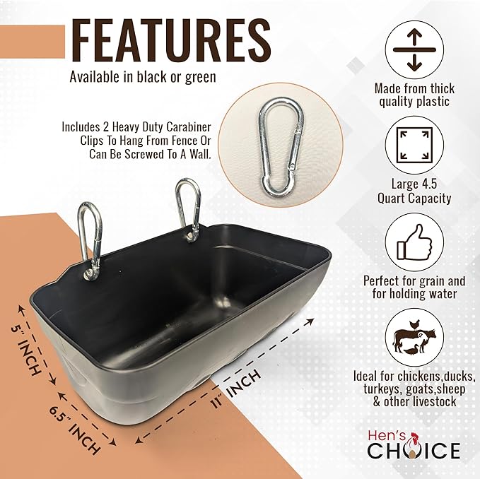 Hen's Choice™ Feeder and Waterer Trough for Chickens, Ducks, Goats, Sheep, Turkey, 4.5 Quart Capacity, Black