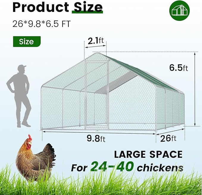 Large Metal Chicken Coop (26' L x 9.8 W x 6.5' H) Walk-in Chicken Run Cages with Waterproof and Anti-Ultraviolet Cover for Outside Spire Top