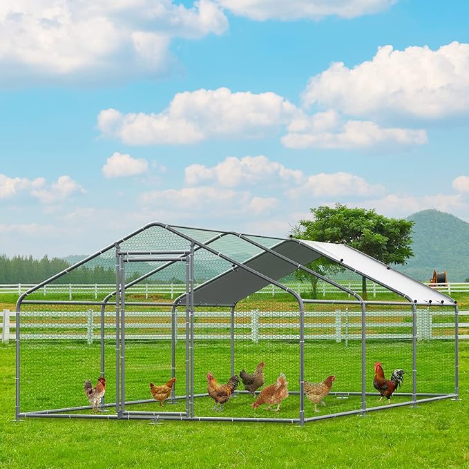 VIVIJASON Outdoor Metal Chicken Coop Large Walk-in Poultry Cage Hen Run House Rabbits Habitat Cages Spire Shaped Coop with Waterproof and Anti-UV Cover for Yard Farm (19.68' L x 9.84' W x 6.56' H)