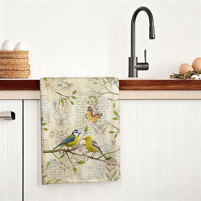 Vintage Birds Kitchen Towels, Retro Rustic Dish Towels for Kitchen Set of 4, Cute Birds Tea Towel Decor for Party Anniversary Holiday Decoration Housewarming Gifts