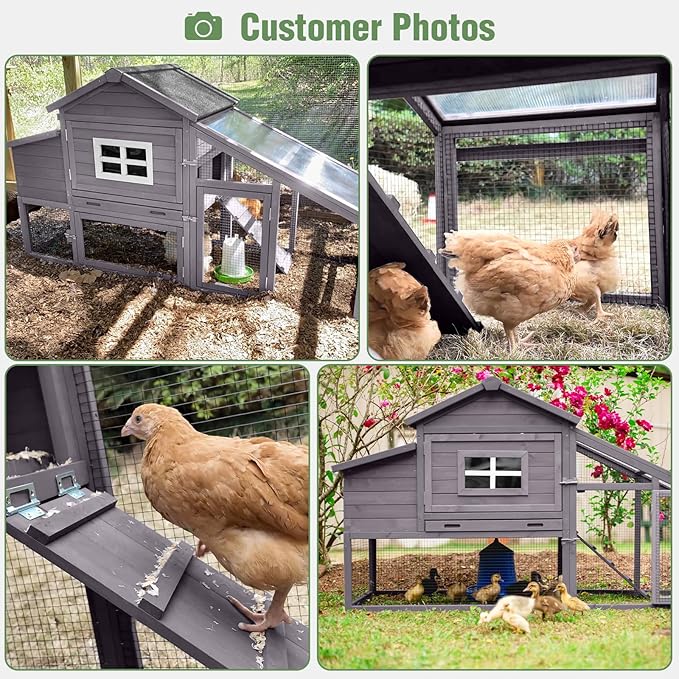 Mobile Chicken Coop with Run, Large Outdoor Wooden Poultry Cage Hen House with Wheels, Nesting Box, Pull-Out Tray, Waterproof Roof, Grey, 72.3" L x 26" W x 39.4" H, for 3-5 Chickens