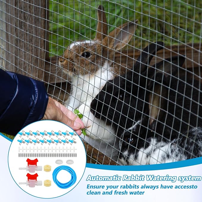 Automatic Rabbit Watering Kit - Including 5/16" Hose, 16 PCS Nipple Drinkers, Barb Fittings to G1/2" Thread Connectors, T-Fittings, Springs, and Gaskets, Automatic Rabbit Watering System
