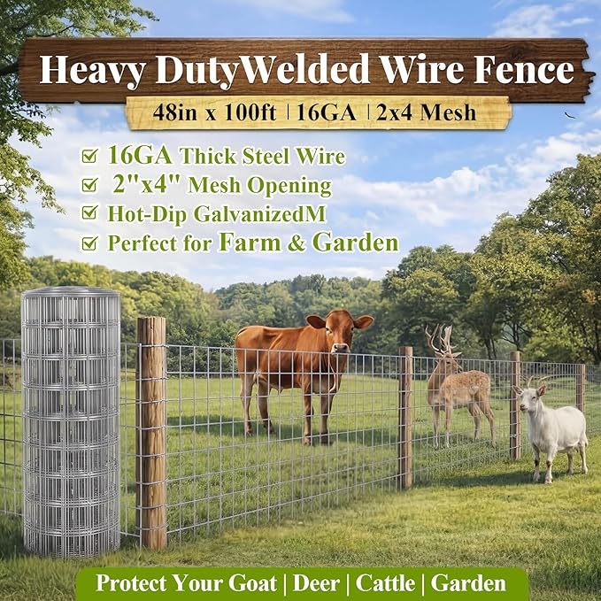 Gisafai 48in x 100ft Welded Wire Fence, 2 Inch x 4 Inch 16 GA, Galvanized Metal Garden Fence Roll Wire Mesh Netting for Goat Deer Cattle Animal Enclosures and Yard Vegetable Plant Protection,Silver