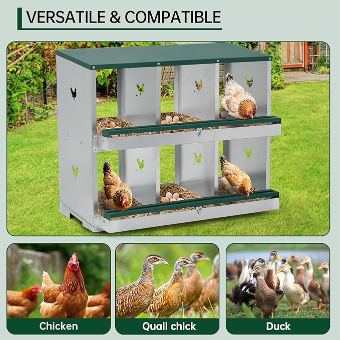 Garvee Nesting Boxes for Chickens, 6 Compartments Metal Chicken Nesting Box, Chicken Egg Laying Box with Large Vented Holes for Easy Egg Collection