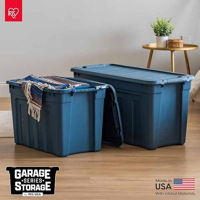 IRIS USA 20 Gallon Eco-Friendly Heavy Duty Storage Totes with Easy-Grip Handles, 4 Pack - Large Bins with Lids Garage Organizing Tubs, Durable Stackable Utility Containers, Made in USA - Navy