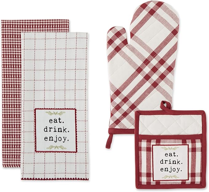 DII Home Sweet Farmhouse Kitchen Collection, Potholder/Oven Mitt/Dishtowel Set, Barn Red, 4 Count