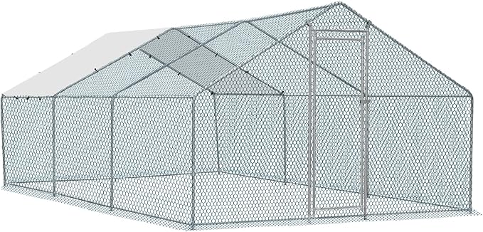 VINGLI Large Metal Chicken Coop for Chickens, Walk-in Chicken Run with Waterproof Anti-UV Cover, Heavy-Duty Chicken Pen with Security Lock for Outdoor Backyard Farm Use (19.7'Lx9.8'Wx6.5'H)