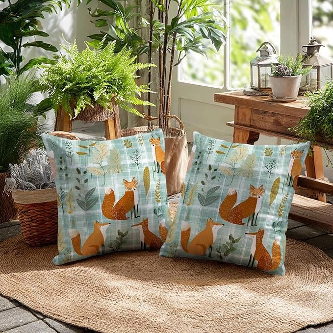 Fox Plaid Farmhouse Throw Pillow Covers 18x18 Inch, Set of 2 | Woodland Cottagecore Square Cushion Cases for Couch Bedroom Nursery | Farmhouse Forest Animal Home Decorative Pillowcases
