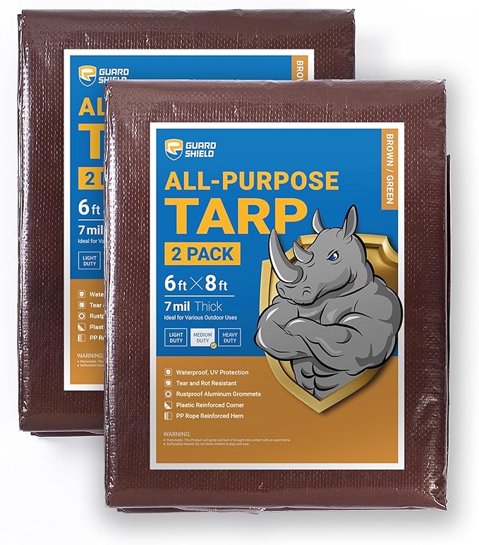 GUARD SHIELD Brown/Green Tarp 6x8 Feet Medium Duty Outdoor Waterproof Multi Purpose Poly Tarps Cover 7mil (2-Pack)