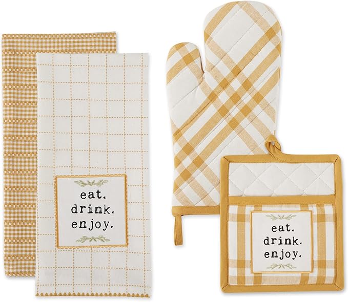 DII Home Sweet Farmhouse Kitchen Collection, Potholder/Oven Mitt/Dishtowel Set, Honey Gold, 4 Count