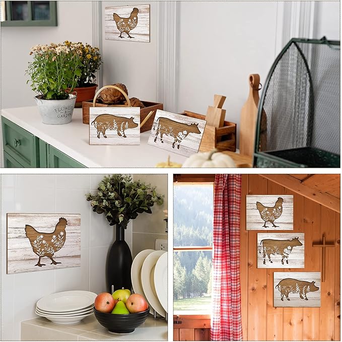 Jetec 3 Pieces Farmhouse Kitchen Signs Cow Rooster and Pig Decors 7.9 x 5.9 Inch Rustic Wooden Signs Country Wall Decorations for Kitchen Wall Ornaments and Home Supplies (Cute Style)