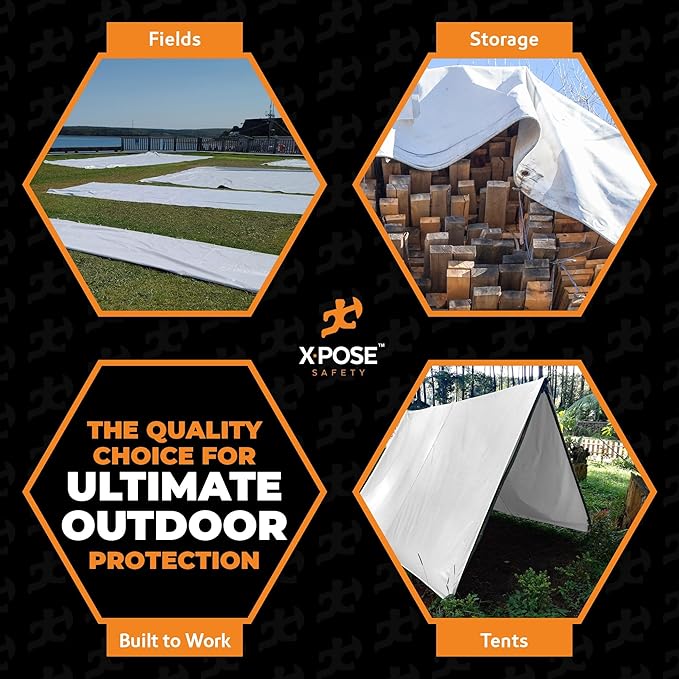 Heavy Duty White Poly Tarp 8' X 10' (2-Pack) - Multipurpose Protective Cover - Durable, Waterproof, Weather Proof, Rip and Tear Resistant - Extra Thick 12 Mil Polyethylene - by Xpose Safety