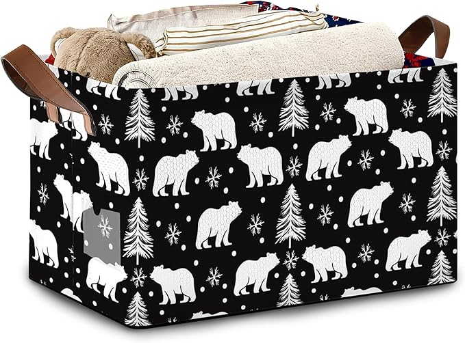 Bear Forest Collapsible Storage Box,Snowflake Winter Organizer Bin with Handles for Room Decoration,Bins Book Basket Box 17x11.5x10Inch