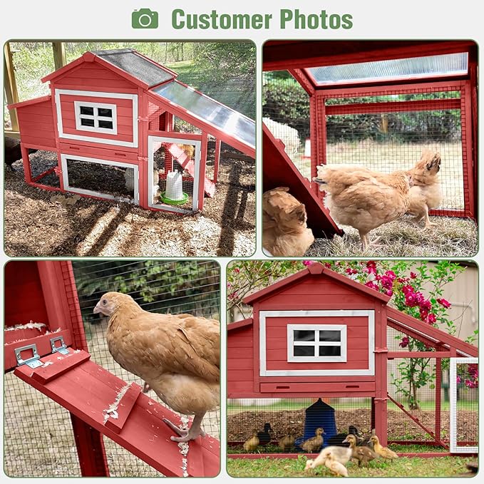 Mobile Chicken Coop with Run, Large Hen House Poultry Cage with Wheels, Nesting Box, Pull-Out Tray, Waterproof Roof, Red, 72.3" L x 26" W x 39.4" H, for 3-5 Chickens