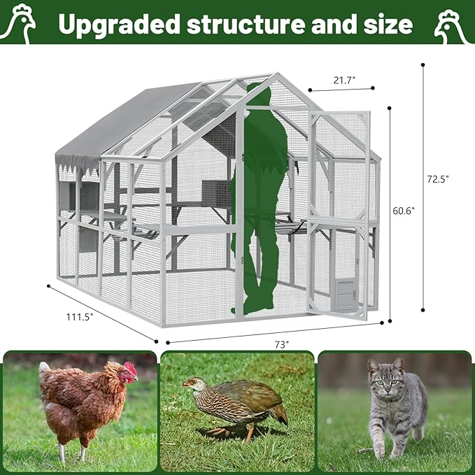 KEIKI 110"L Outdoor Large Chicken Coop with Waterproof Cover, Roosting Platform, Wire Mesh & 2 Lift Small Doors with Locks, Wood Chicken Coop House with Run for Cat Kitten Playpen, Duck, Rabbit, Quail