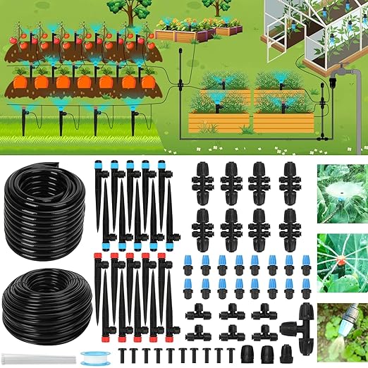 177FT Drip Irrigation Kit – 2026 New Quick-Connect Micro Irrigation System with 46FT 1/2'' Tubing, Locking Nozzle Emitters, Adjustable Misting Sprayers for Gardens, Lawns, Raised Beds and Greenhouses