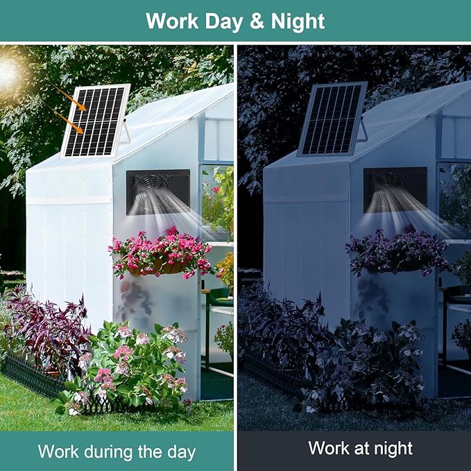 Solar Powered Fan with Battery Run Day/Night, 15W Solar Fan for Chicken Coop with 16.4Ft Cable,3/6H Timer, Waterproof Greenhouse Fans for Shed, Chicken Coop,Ventilation