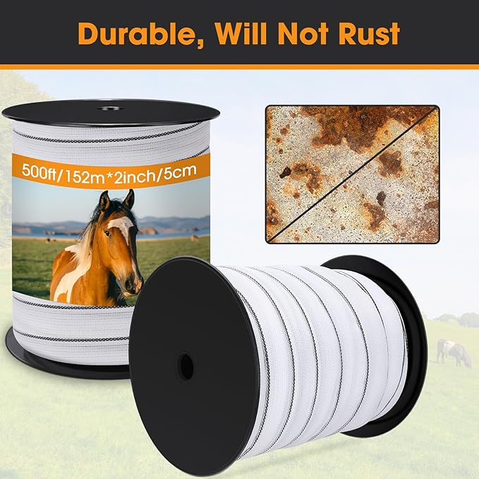 2 Inch x 1500ft/ 457m Electric Fence Tapes with High Visibility 3 Rolls Each 500ft Electric Horse Fence Kit for Horse Livestock