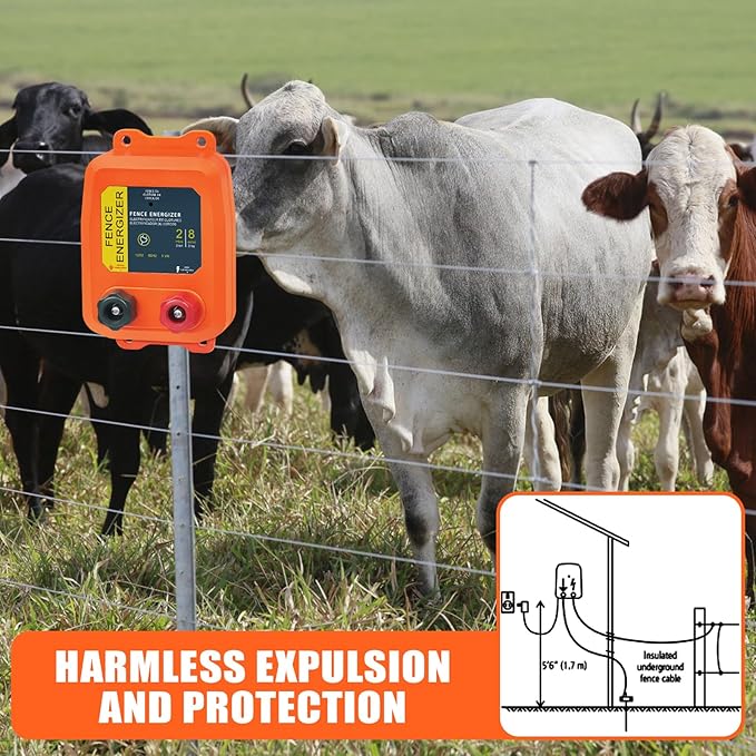 Electric Fence Charger PE2 0.10 Joule, 2-Mile/ 8 Acres Plug in Electric Fence Charger, for Dogs, Livestock, Squirrels, Chicken Coops (Orange)
