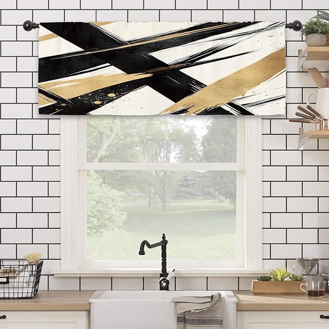Modern Black Gold Kitchen Curtain Valance 54W x 18L Inch Contemporary Minimalist Line Art Rod Pocket Short Cafe Small Window Treatment Drapes Decor