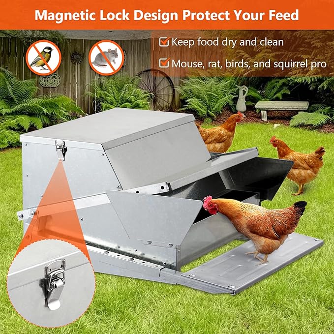 Garvee Automatic Chicken Treadle Feeder, 27 LB Large Galvanized Steel Poultry Feeder, Outdoor Use, No Waste, 10 Chickens for 11 Days, Metal Chicken Feeder Kit Suits Duck, Bantams, Pheasants