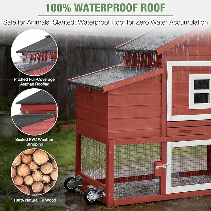 Mobile Chicken Coop with Run, Large Hen House Poultry Cage with Wheels, Nesting Box, Pull-Out Tray, Waterproof Roof, Red, 72.3" L x 26" W x 39.4" H, for 3-5 Chickens