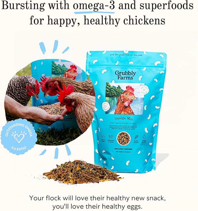 Grubbly Farms Adult Chicken Bundle - Chicken Grit, Fresh Pecks Layer Feed Pellets, Omega Mix & Grubblies - Complete Nutrition, Proper Digestion, Strong Eggshells & Natural Protein Treats - 4 Pack