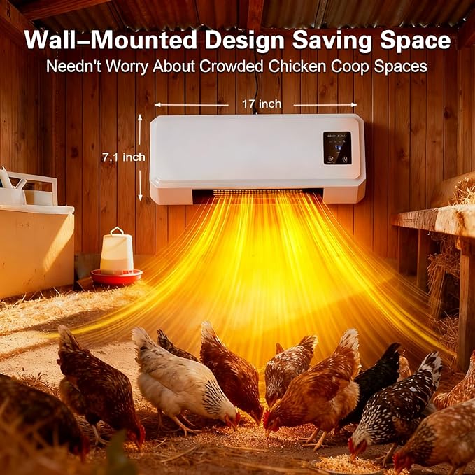 1500W Chicken Coop Heater for Winter，Wall-mounted 2-Mode Heater for Chicken Cages,5S Fast Heating & Adjustable Temperature (77~99℉)，Warm Stoves for Poultry and Pets in Winter