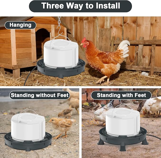 4.28L Heated Chicken Waterer for Winter, 84W Freeze-Proof Chicken Water Heater with Thermostat Control, Heated Poultry Waterer for Chicks Turkey Goose Duck Pigeon, Detachable Legs,Hanging/Standing Use