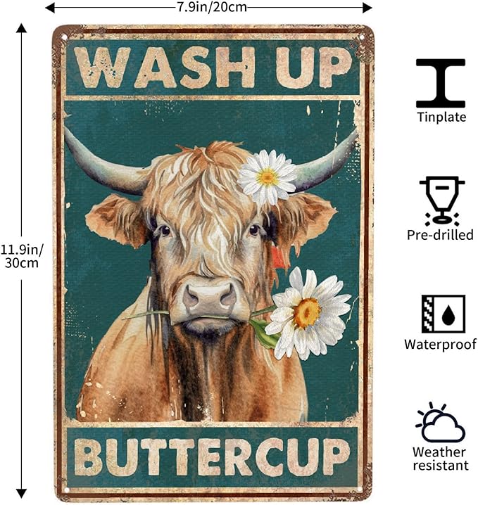 Highland Cow Vintage Metal Poster Wash Up Buttercup Sign Decor-Retro Funny Cow Wall Art Metal Tin Sign Bathroom Home Hanging Decor Funny Toilet Metal Sign Bathroom Wall Art, 12''x 8''
