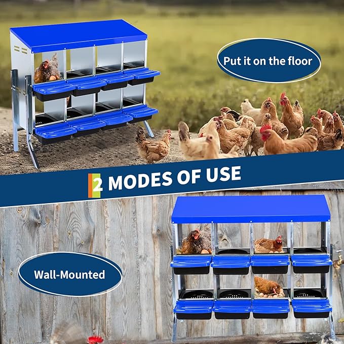 Chicken Nesting Box, 8 Compartment Roll Away Egg Laying Box for Hens, Wall Mounted & Freestanding (2 Modes of Use), Easy Egg Collection, Cleanable Pull Out Nesting Box, Blu, WL