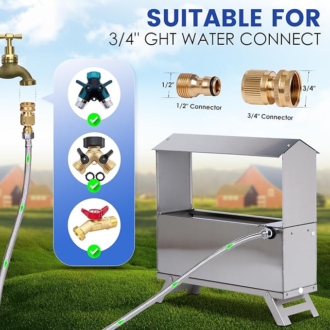 1.6 Gal Automatic Chicken Waterer Stainless Steel Poultry Waterer Dispenser with Float Valve Kit and Bottom Bracket Chicken Waterer Feeder for Hen Duck Goose Turkeys