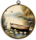 CUANFDDSF Vintage Rustic Farmhouse Round Wall Art, Nature Rowboat on Pond Framed Hanging Wall Decor, Cottagecore Lakeside Landscape Canvas Prints Decorations for Home Bedroom Living Room, 10x10 Inch