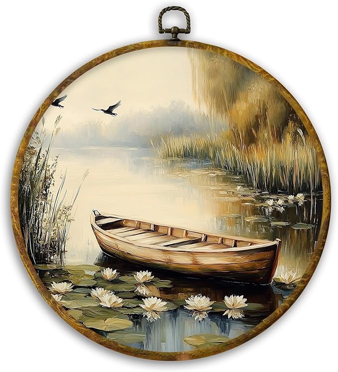 CUANFDDSF Vintage Rustic Farmhouse Round Wall Art, Nature Rowboat on Pond Framed Hanging Wall Decor, Cottagecore Lakeside Landscape Canvas Prints Decorations for Home Bedroom Living Room, 10x10 Inch