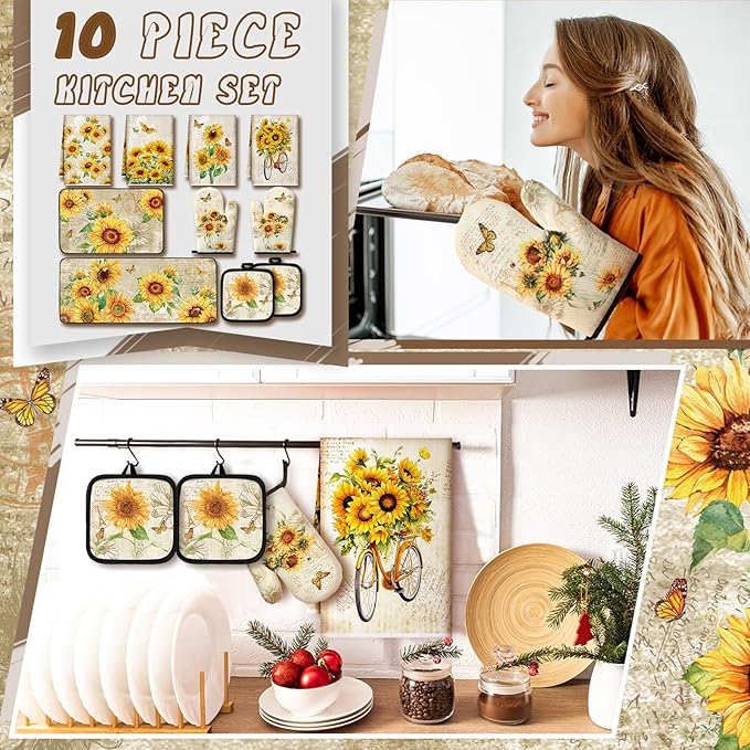 10 Pcs Sunflower Kitchen Dish Towels Rugs Oven Mitts and Pot Holders Set Farmhouse Kitchen Decor Set for Women Mom Daughter Gift Cooking Baking Grilling (Retro Yellow)