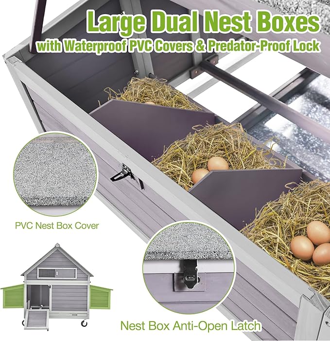 GUTINNEEN Large Mobile Chicken Coop with Heavy-Duty Wheels, Extra-Large Nesting Boxes, Lockable Metal Pull-Out Tray, Weather-Resistant Roof, Spacious Outdoor Poultry Cage, Ideal for 3–6 Chickens