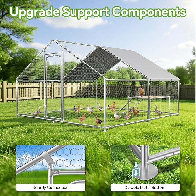 Large Metal Chicken Coop with Roosting Ladder, Waterproof and UV-Resistant Cover,Outdoor Chicken Run for Yard Farm Rabbit Duck, Spire Roof
