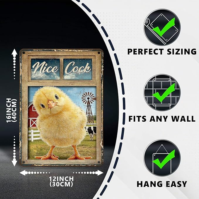 Funny Chicken Metal Signs Coop Decor Nice Cock Tin Signs Vintage Farmhouse Poster Rustic Wall Decor For Home Outdoor Farm Poultry House Cafe Bathroom Restroom Washroom Toilet 16 * 12 In