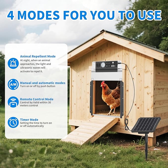 Automatic Chicken Coop Door Solar Powered, LCD Display Automatic Chicken Door with Timer & Light Sensor, 4 Modes Auto Chicken Door Solar with Remote Control, Anti-Pinch & IPX5 Waterproof Coop Door